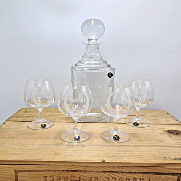 Vilca Italian Crystal Brandy Decanter & 4 Glasses Atlantic City Caesars Palace - Picture 6 of 12